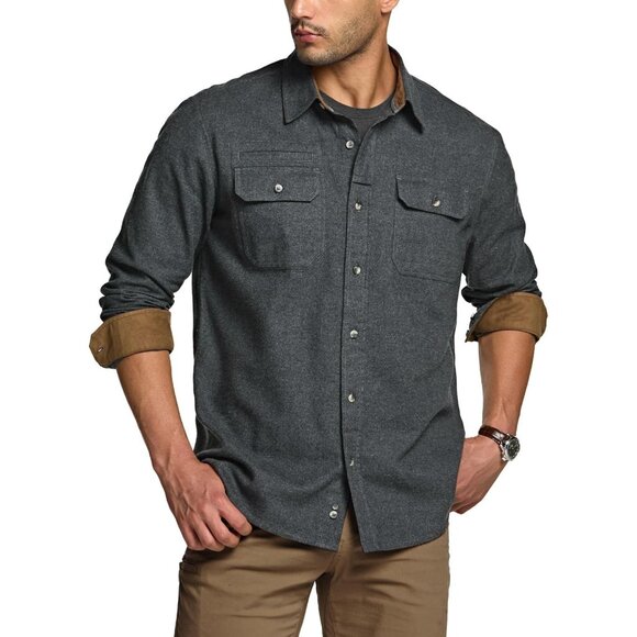 Mens Suede Grey Cotton Flannel Shirt Long Sleeve Casual Outdoor Plaid - Picture 3 of 9